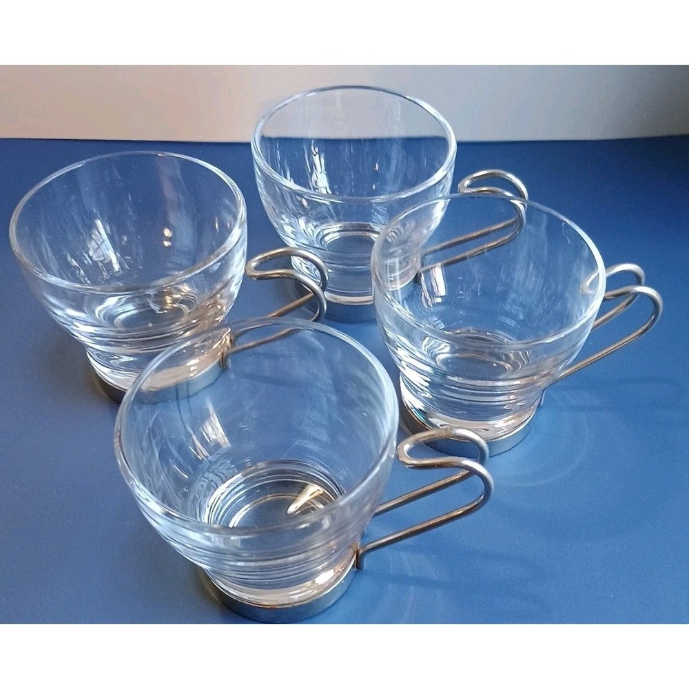 Bormioli Rocco Italy 2-3oz Espresso Glass Coffee‎ Cups Steel Handles - Set of 4